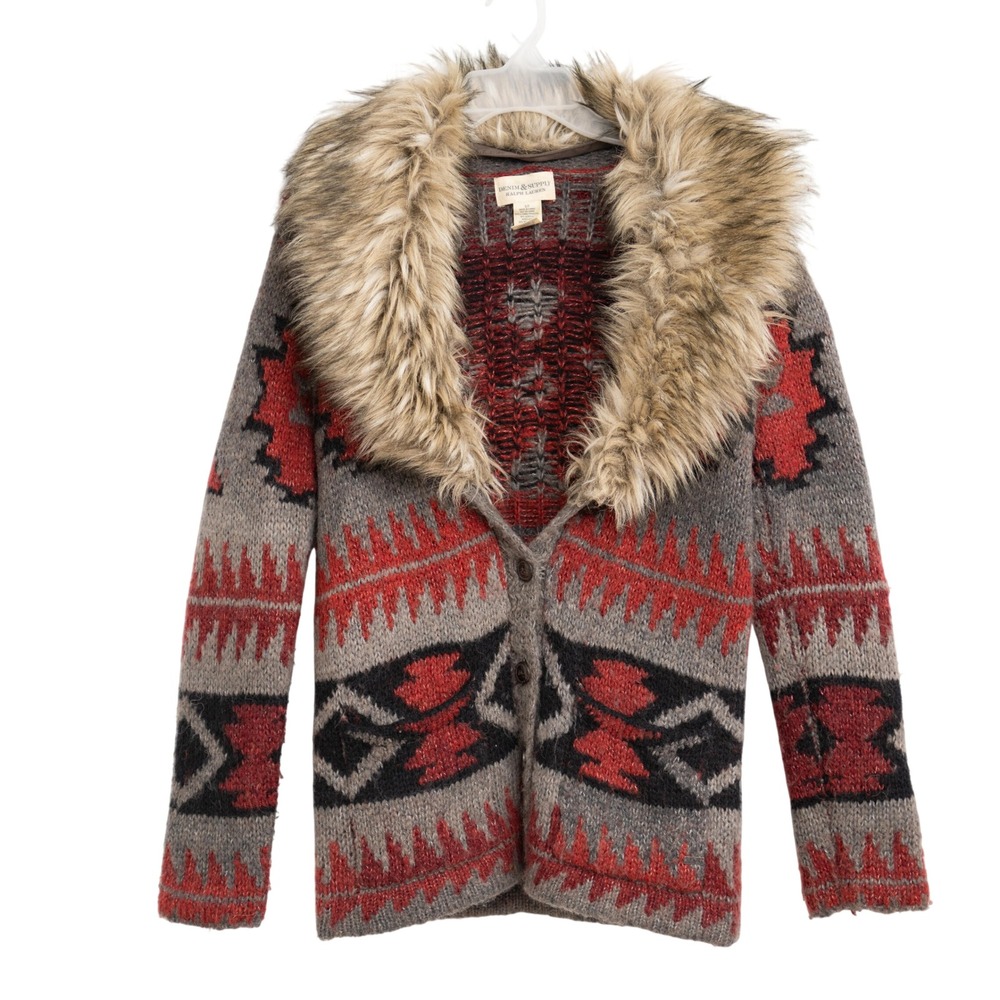 Ralph Lauren Denim & Supply Aztec Sweater Fur Collar Southwestern‎ Rustic Chunky